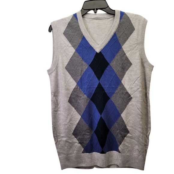 Men Argyle V-Neck Sweater Vest Winter Sleeveless Wool Knitted Gray & Blue Large - Picture 1 of 8